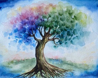 Tree Of Life Watercolor Painting: Abstract Oak Tree Art (6x8)