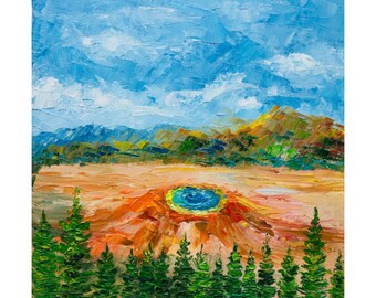 Yellowstone Geyser Painting: Montana Landscape Impasto Oil Art (8x8)