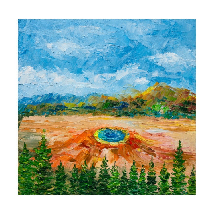 イエローストーン間欠泉の絵画：モンタナの風景を描いたインパスト油彩