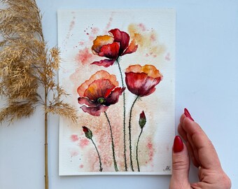 カリフォルニアポピーの絵画：オリジナルの花の水彩画（6 x 8インチ