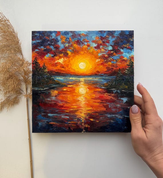ミシガン湖の夕日の油絵：オリジナルのインパスト風景画（8 x 8インチ