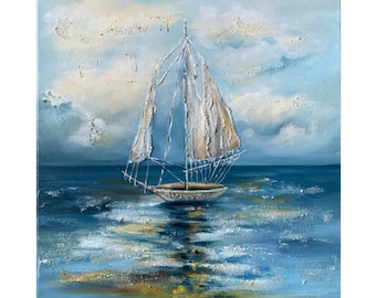Sailboat Painting: Impasto Seascape Art, Textured Clouds (14x14 inches)