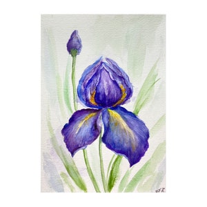 Original Purple Iris Watercolor Painting: Floral Wall Art (8x6)