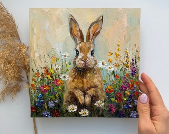 オリジナルウサギ油絵：インパストバニーアート、8x8 - Etsy 日本