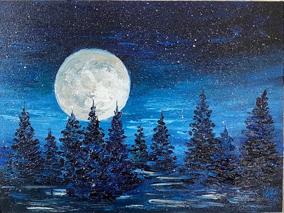 満月の風景画 松の木 オリジナルアート 夜の森 油絵 月光