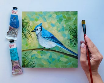 ブルージェイの油絵：インパスト鳥アート、オリジナルアートワーク