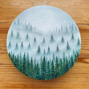 Oil painting Misty Forest Art Foggy forest Landscape painting Christmas tree oil painting original art Spruce Forest painting round artwork image 9
