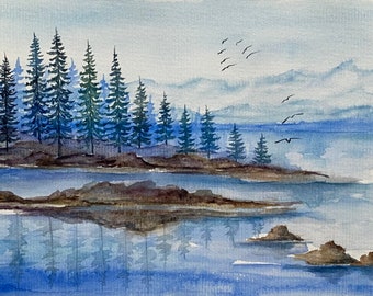 Lake Tahoe Painting Original Watercolor Art California Landscape Wall Art Mountain Lake painting Tahoe Lake artwork 6x8 by Alla