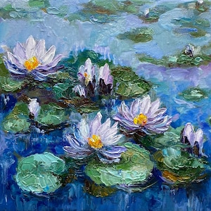 Water Lilies Painting Floral Original Art Water Lilies Wall Art Lotus painting pond artwork Water Lily oil painting on canvas 8x10 by Alla