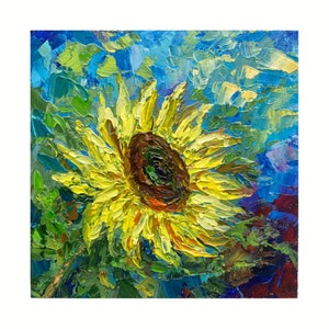 Sunflower Painting Flower Original Art Floral Artwork Sunflower Wall Art Yellow flower impasto painting sunflower original small art 6x6