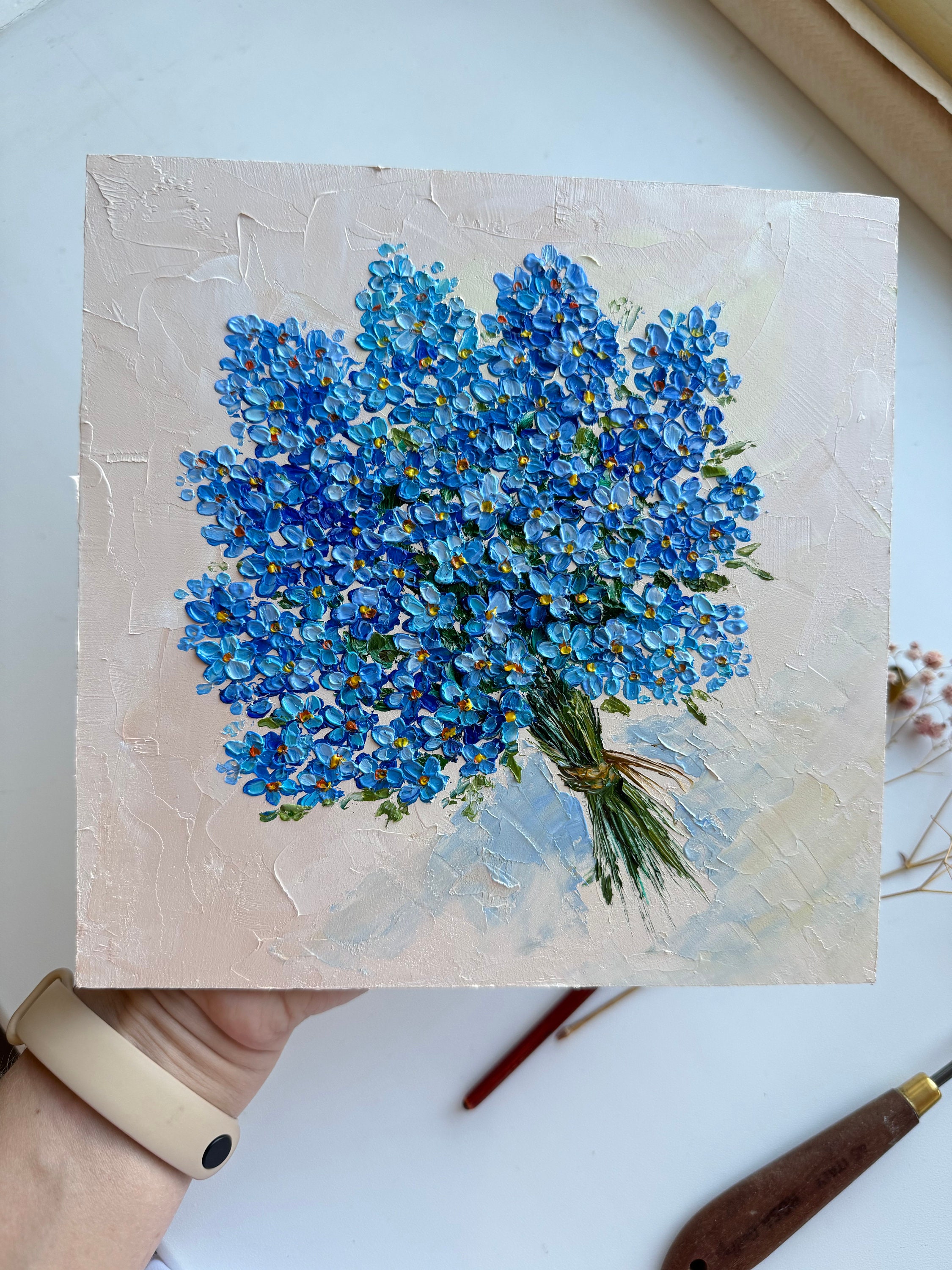 Forget-me-nots Oil Painting: Impasto Floral Art, 8x8 - Etsy