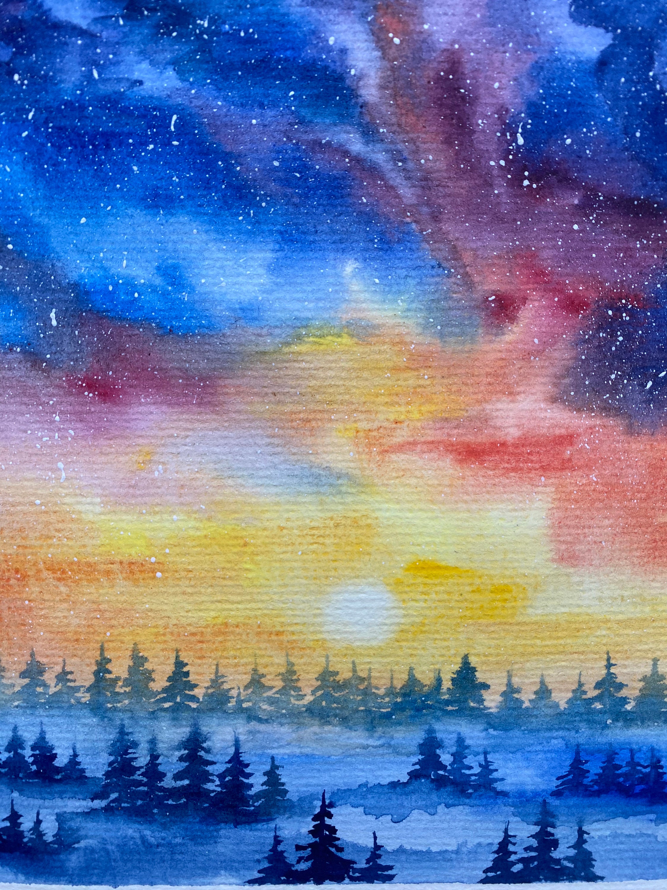 オリジナル夜空水彩画：松林の銀河アート（8x6） - Etsy 日本