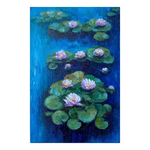 Monet Water Lily Painting Pond Original Art Landscape Wall Art Lotus Artwork Impasto Painting Giverny Garden painting 8x12 by Alla