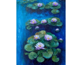 Pintura de Monet sobre un estanque de nenúfares: Impasto Lotus Art, 8x12