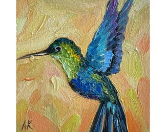 Colibri, peinture oiseau art original colibri art mural oiseau peinture à l'huile originale petite oeuvre d'art colibri 4х4 pouces par Alla