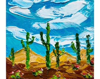 Saguaro Cactus Painting Desert Original Art Arizona Wall Art Cactus impasto oil painting Arizona Desert original small art 4x4 by Alla