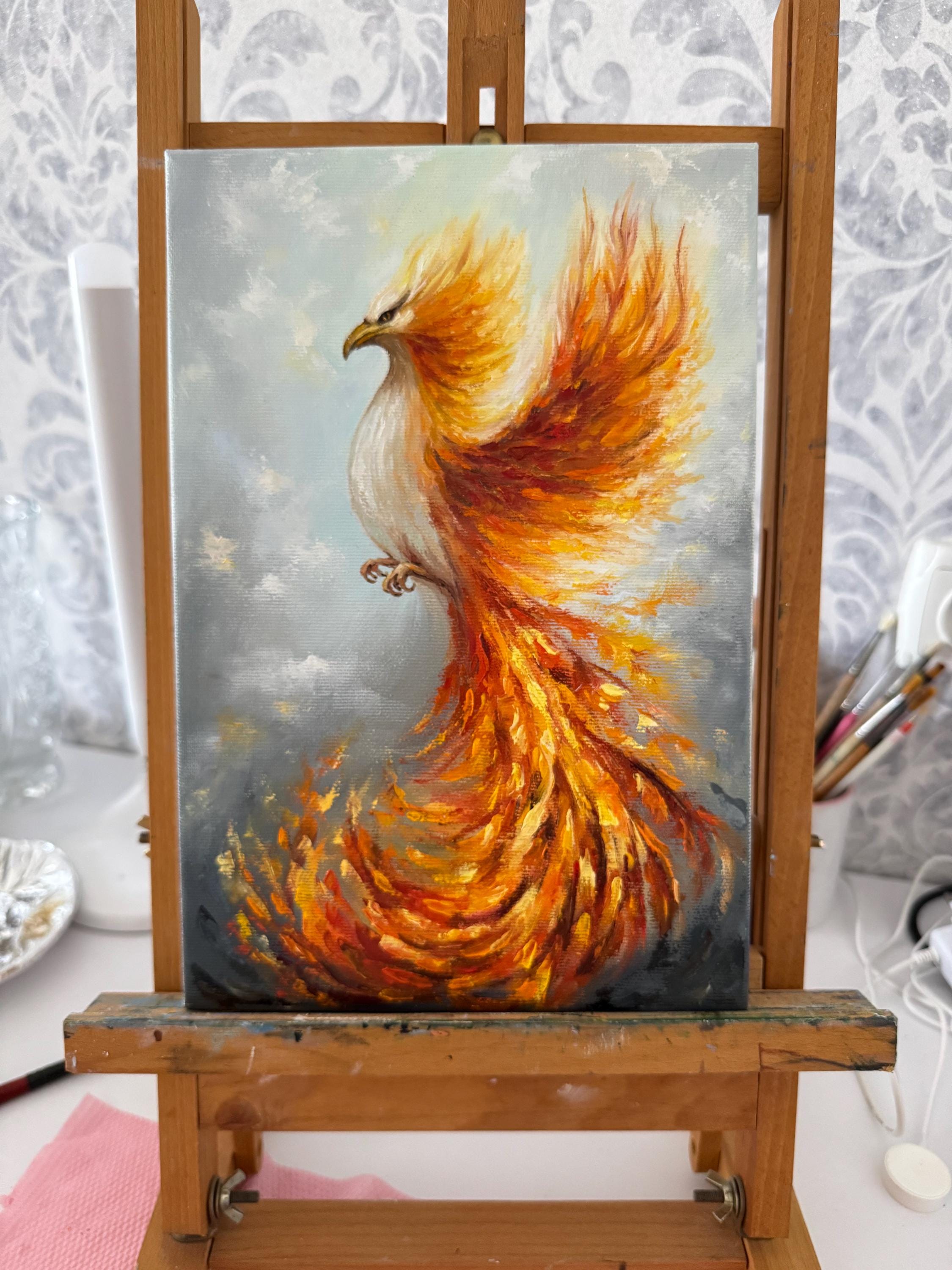 フェニックスの絵画：キャンバスに油彩を描いたインパスト画 - 燃える