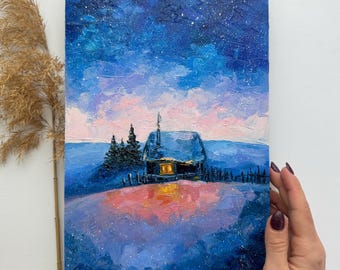 オリジナル冬の風景油絵：星空のコテージアート（12x8インチ） - Etsy 日本