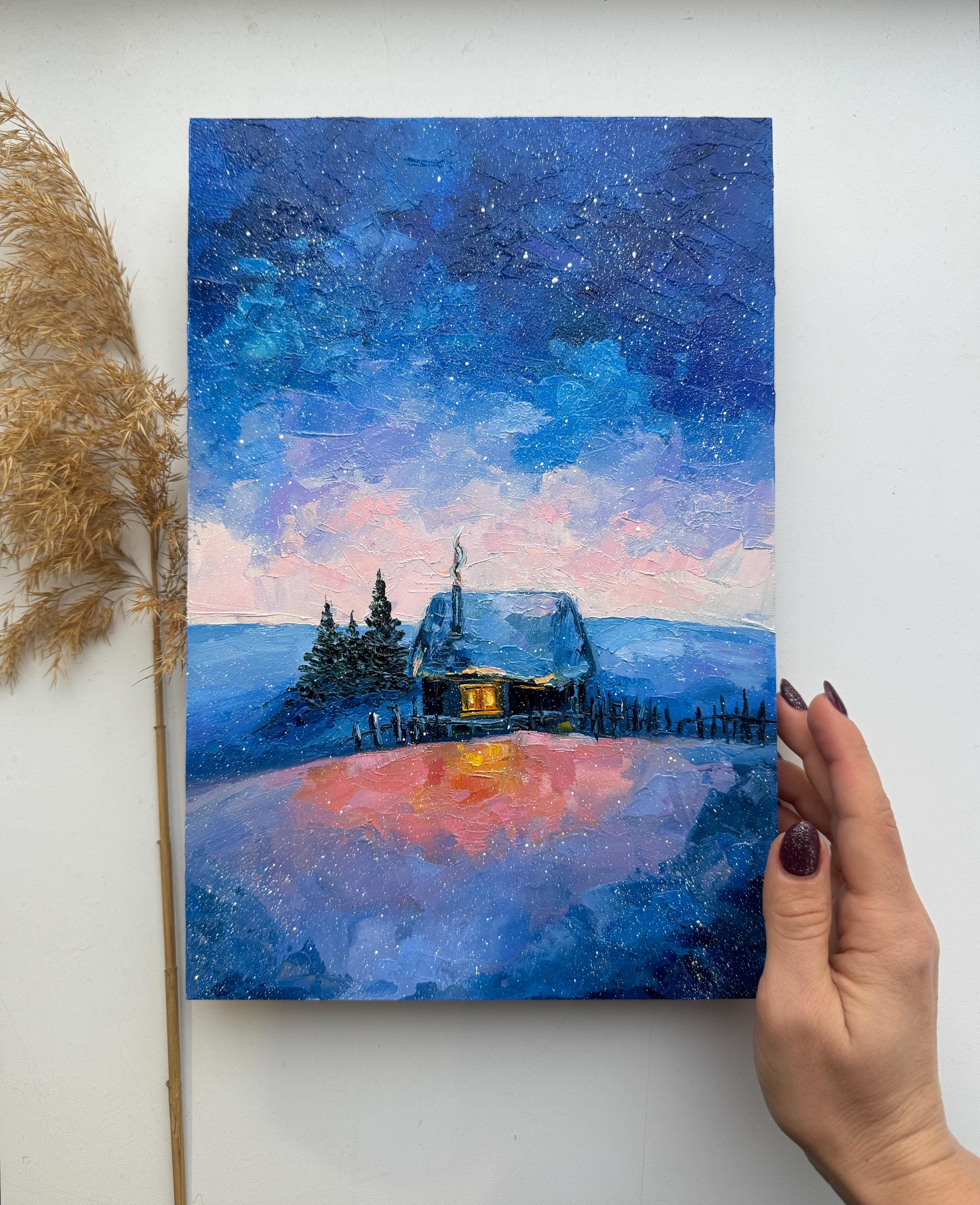 オリジナル冬の風景油絵：星空のコテージアート（12x8インチ） - Etsy 日本