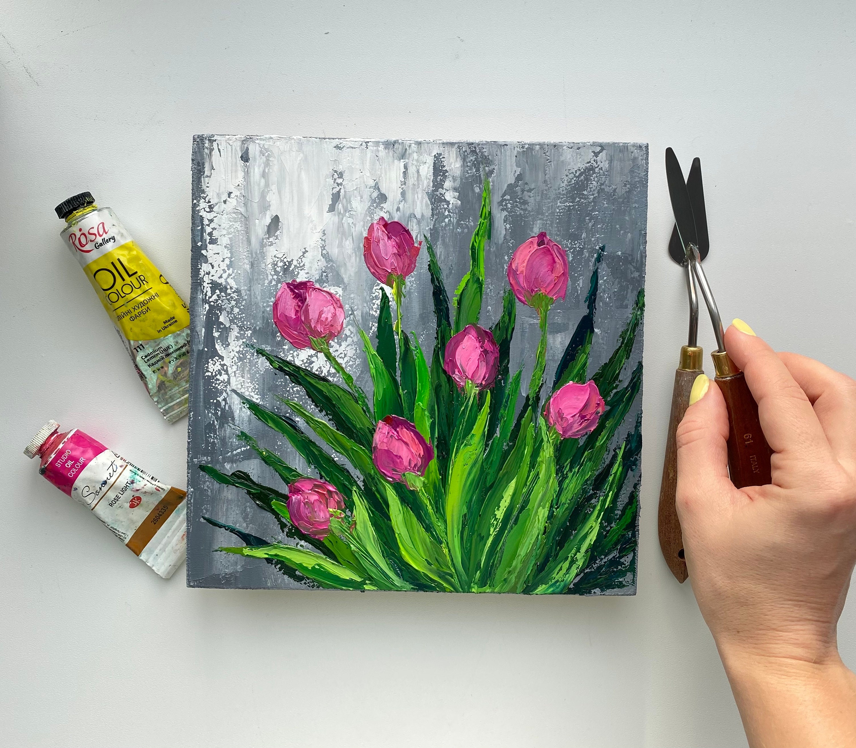 チューリップの絵画 オリジナルの花のアート チューリップの花束