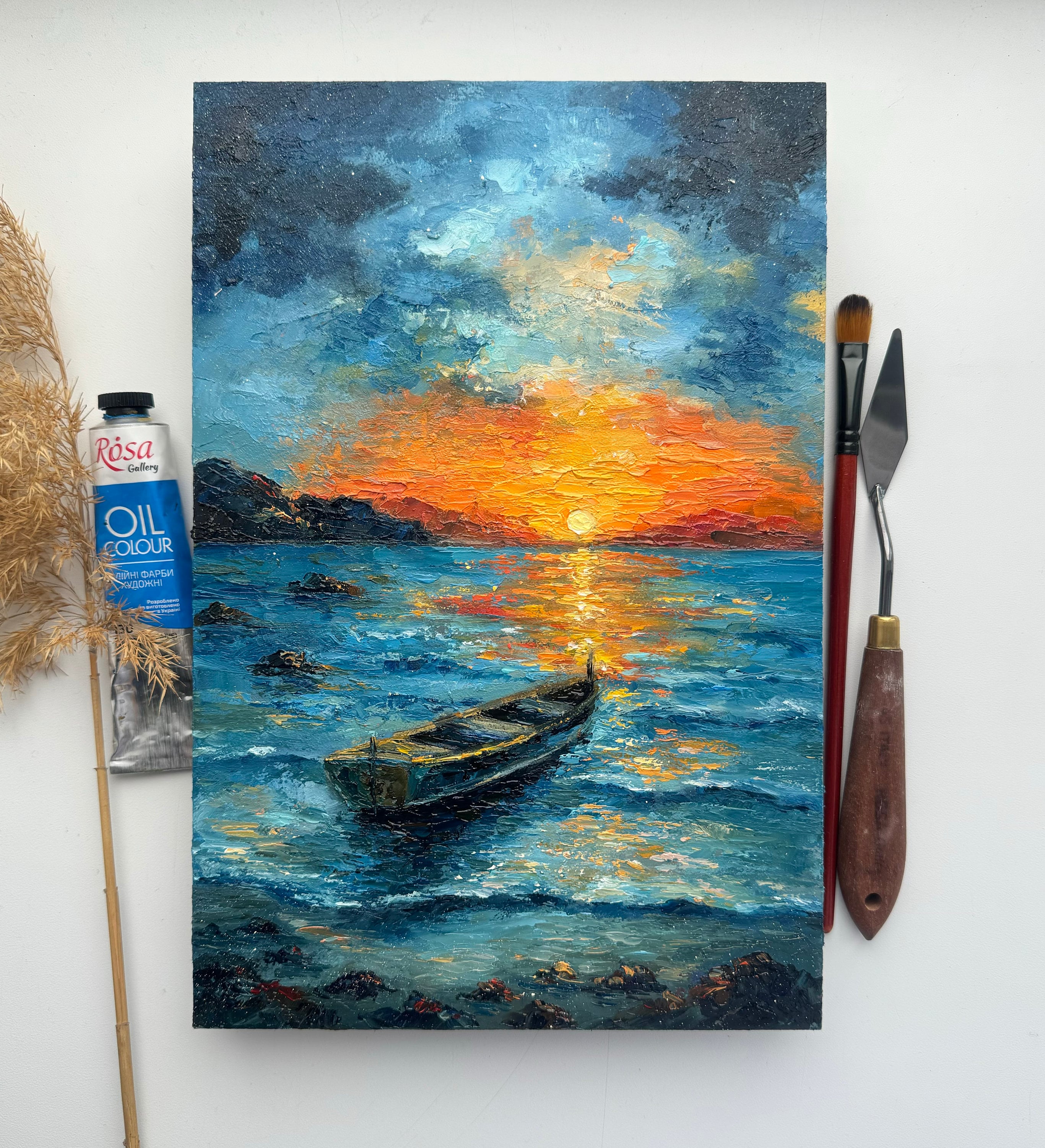 漁船の油絵：インパスト海景画、12x8 - Etsy 日本