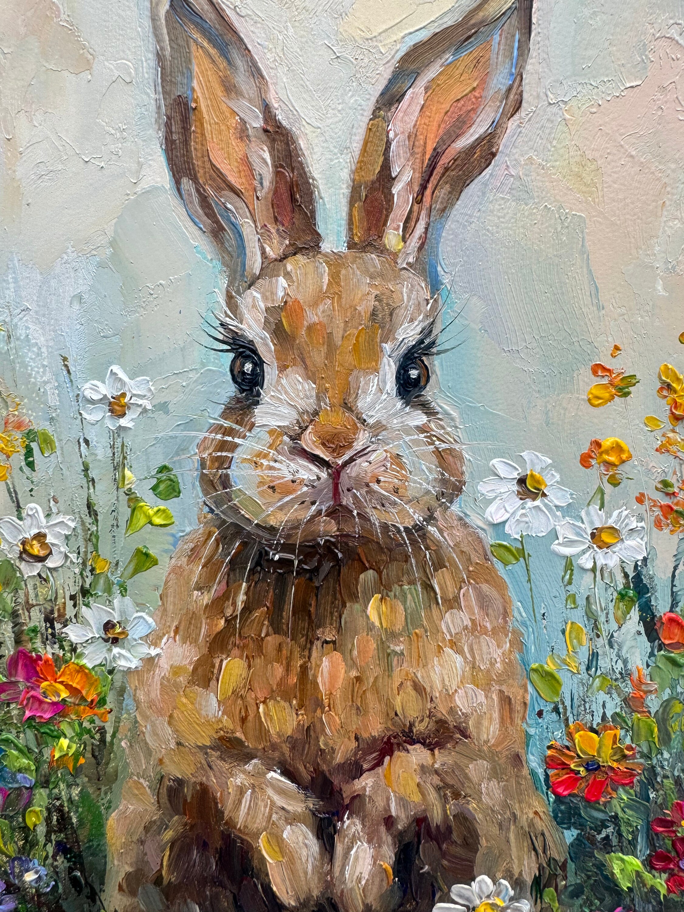 オリジナルウサギ油絵：インパストバニーアート、8x8 - Etsy 日本