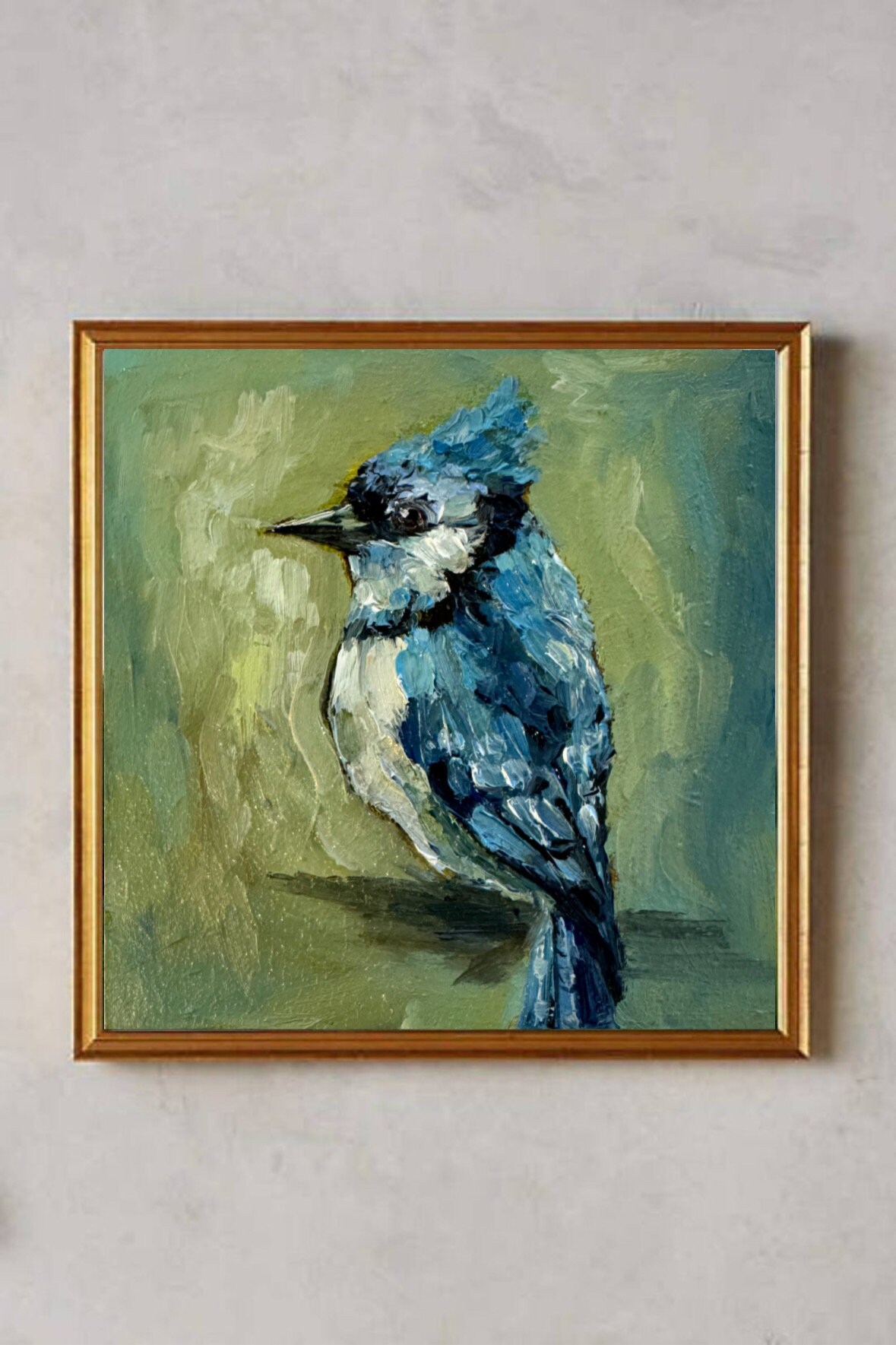 Blue Jay Oil Painting: Impasto Bird Art, Palette Knife Artwork