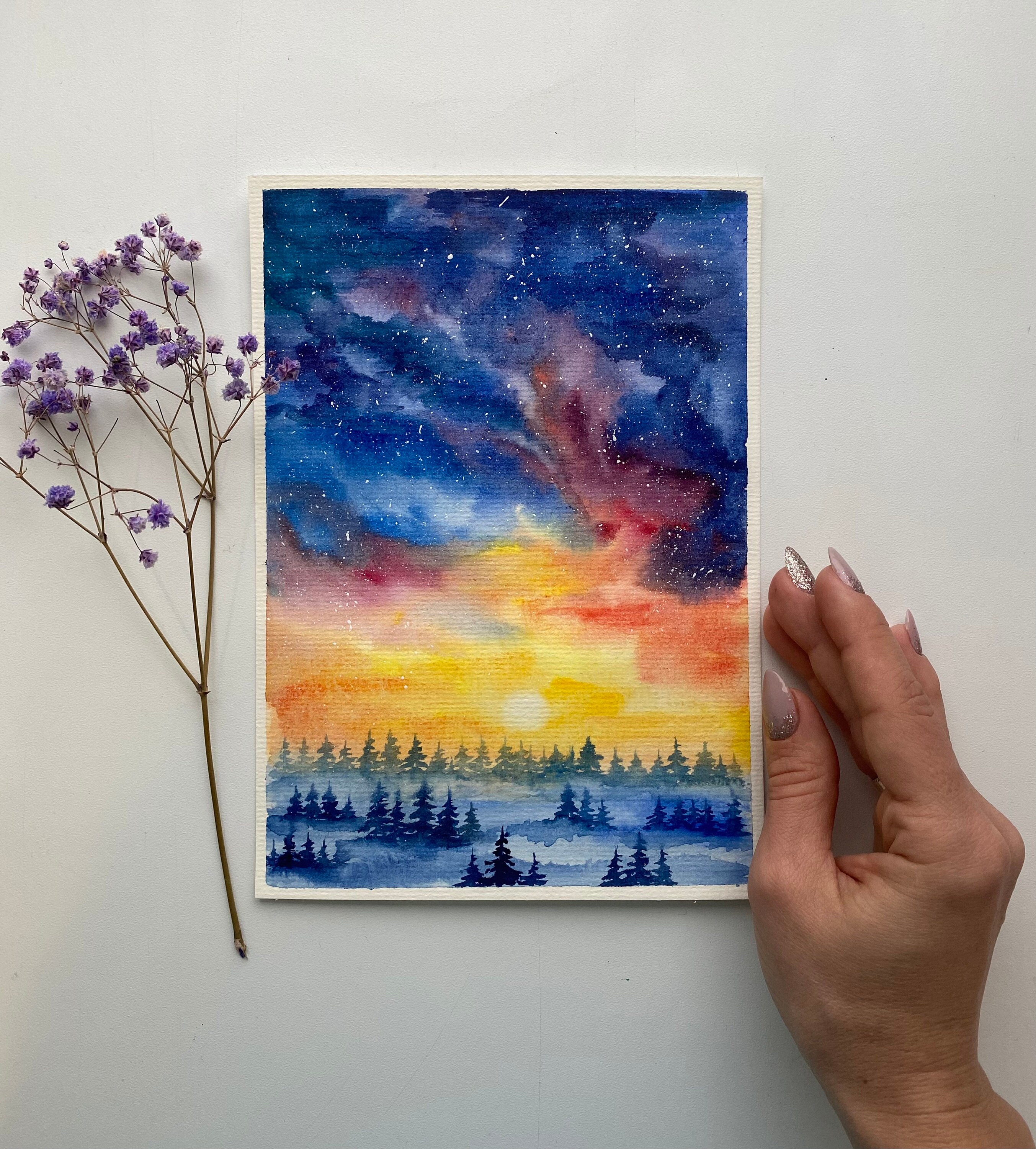 Pinewood Painting Night Sky Original Watercolor Art Night