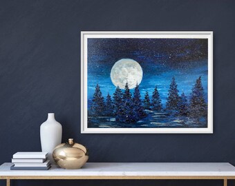 オリジナル満月油絵：夜の森の風景インパストアート（8x6インチ