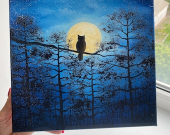 オリジナル満月油絵：夜の森の松の木、10x10 キャンバスアート
