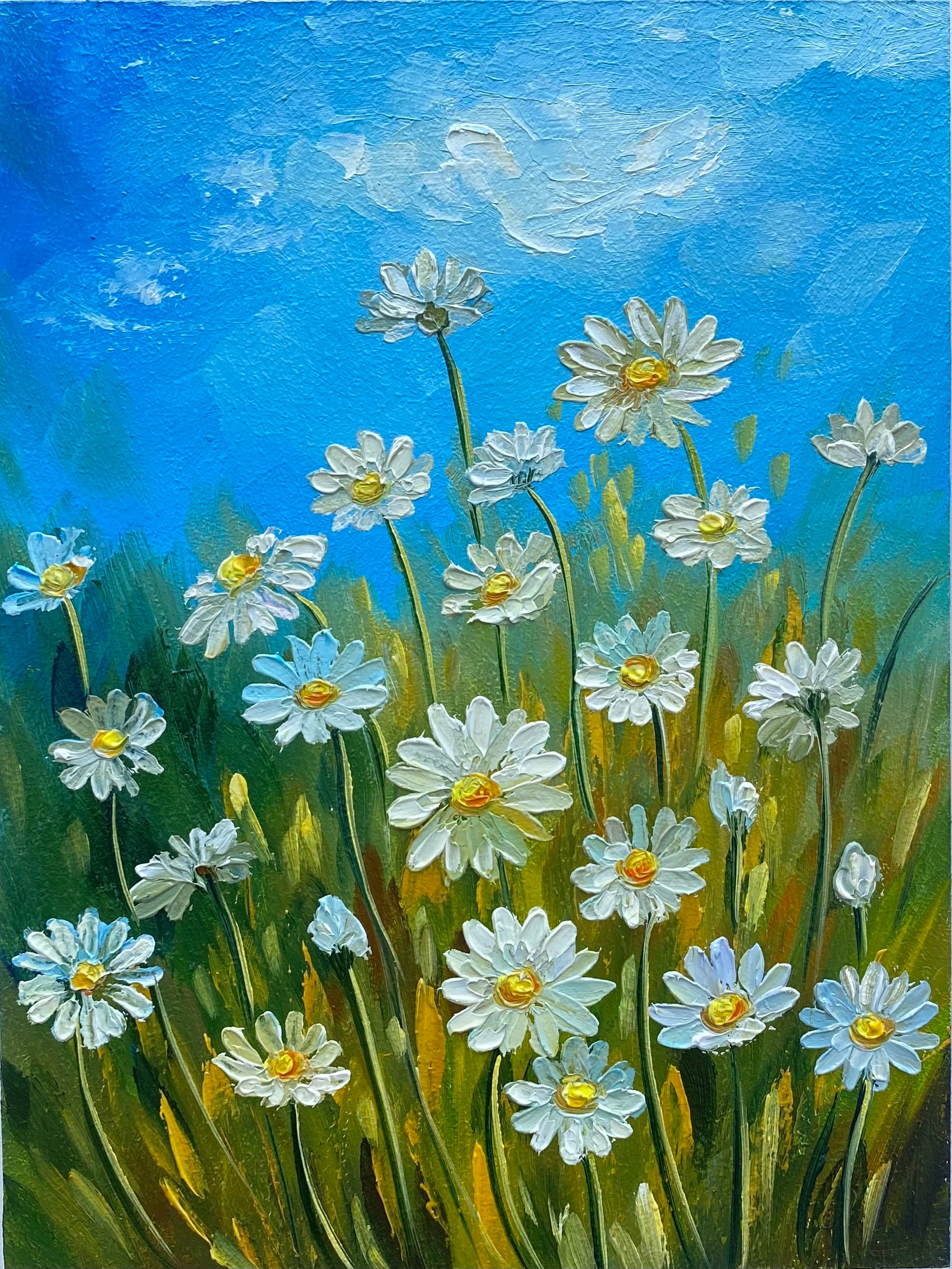 デイジーペインティング：オリジナルインパストフラワーメドウ風景画