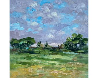 May include: A painting depicting a landscape with a field of green and yellow grass, a line of trees in the distance, and a cloudy sky.