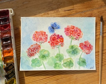 オリジナルゼラニウム水彩画：赤い花の壁アート（6x8） - Etsy 日本
