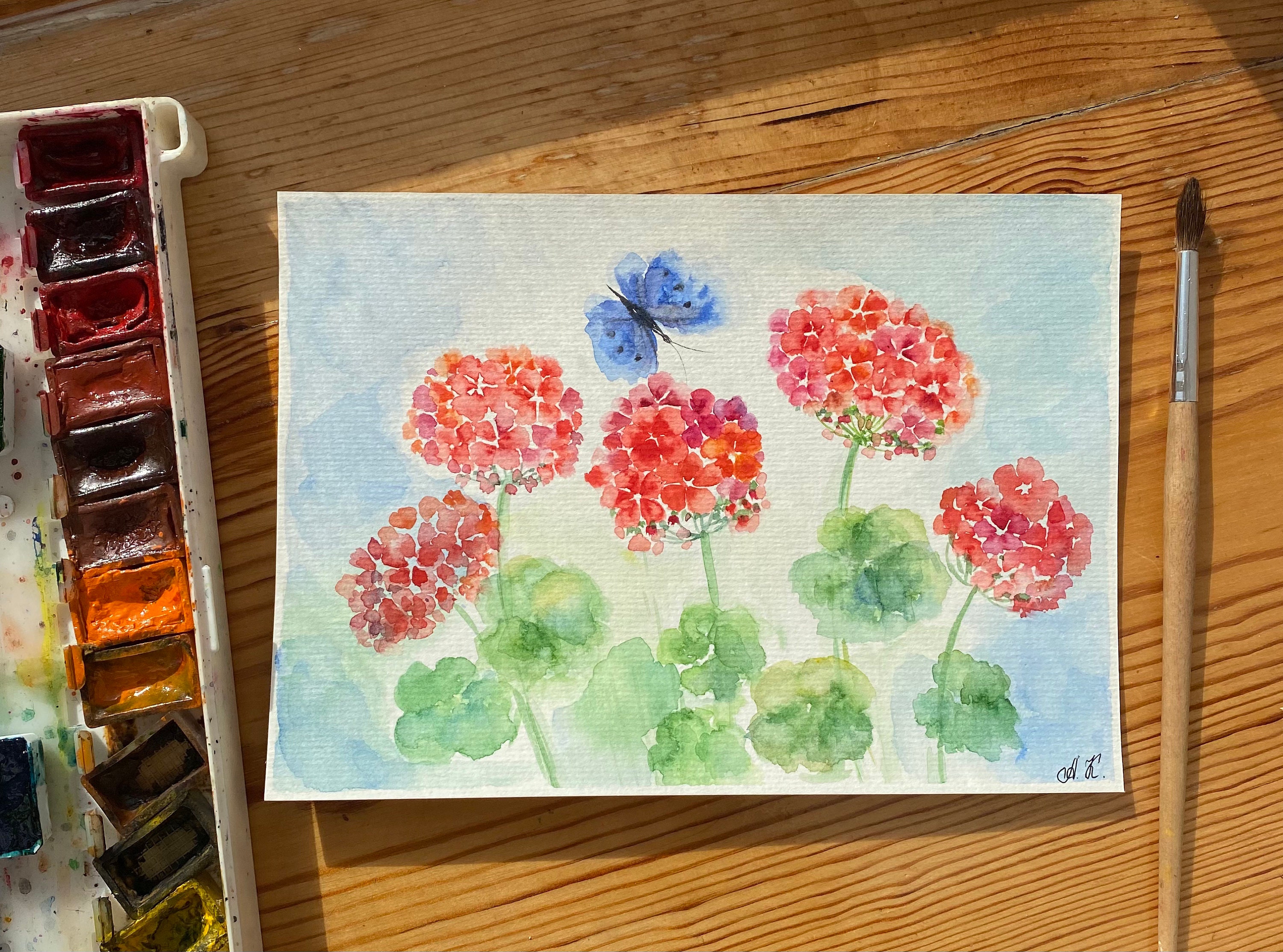 オリジナルゼラニウム水彩画：赤い花の壁アート（6x8） - Etsy 日本
