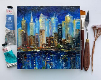 Original New York Cityscape Oil Painting: Impasto Night Skyline