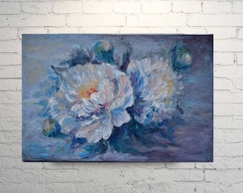 インパスト白牡丹油絵：花の壁アート（8x12） - Etsy 日本