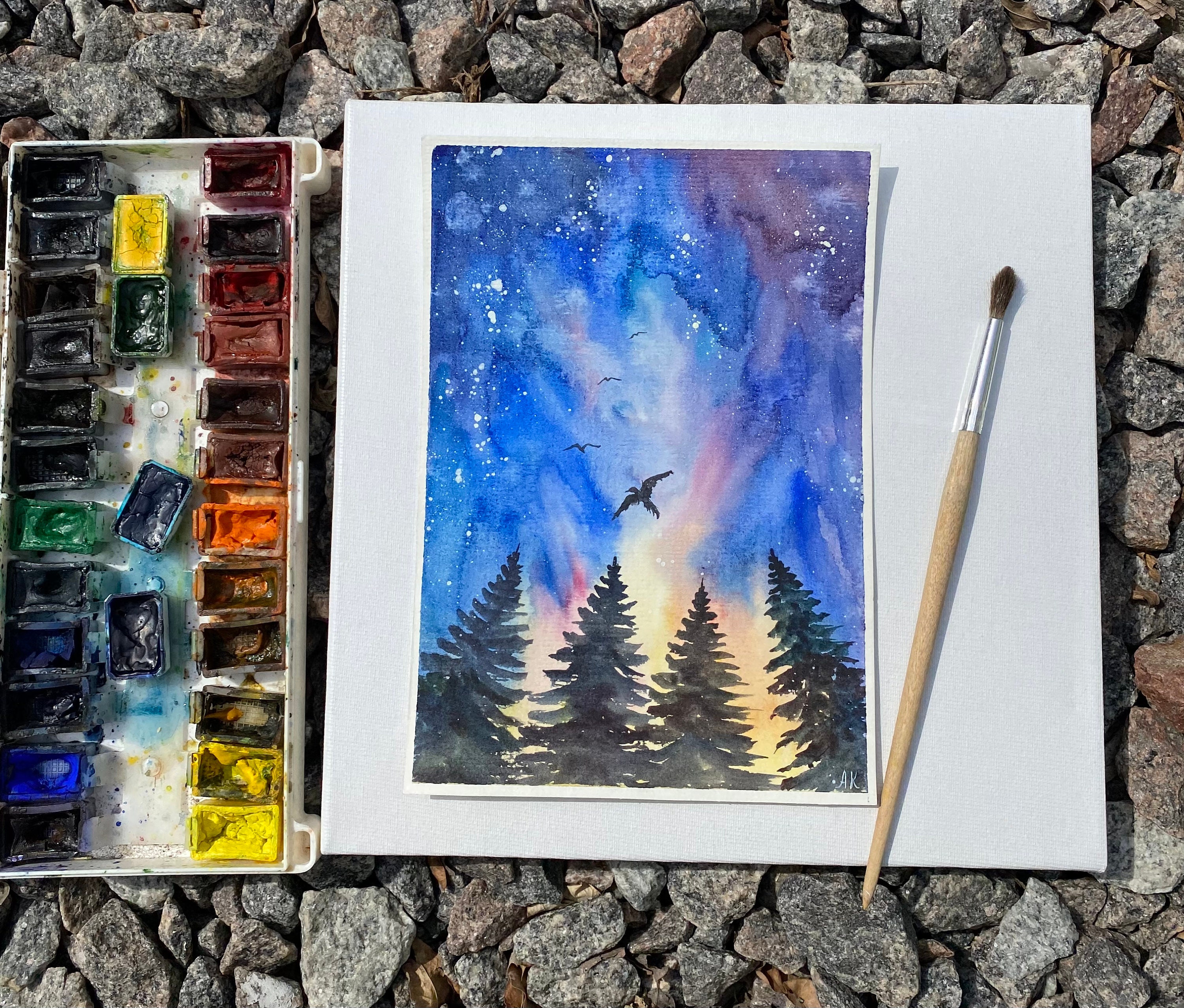 夜の森の水彩画：銀河の空の松の木、6x8のオリジナルアート - Etsy 日本