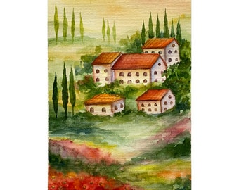 Original Tuscany Watercolor Painting: Italy Landscape Art (8x6)
