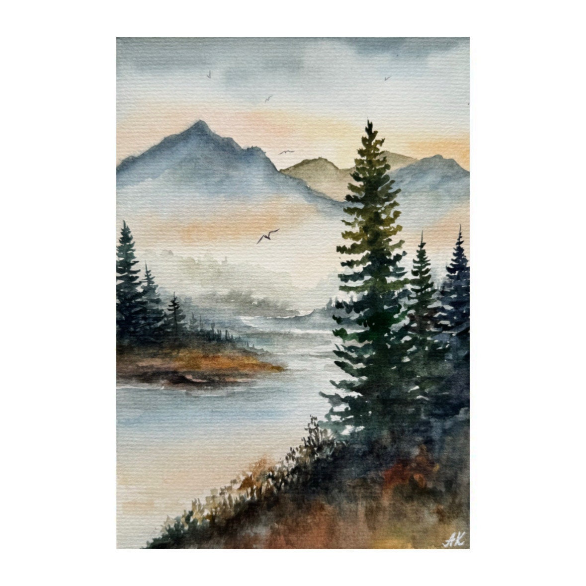 Original Watercolor Mountain River Painting: Pine Tree