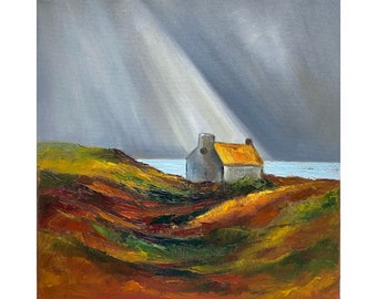 May include: A painting of a small, white cottage with a yellow roof on a grassy hillside. The cottage is bathed in sunlight, which is streaming through the clouds above. The sky is a light gray, and the sea is visible in the distance.