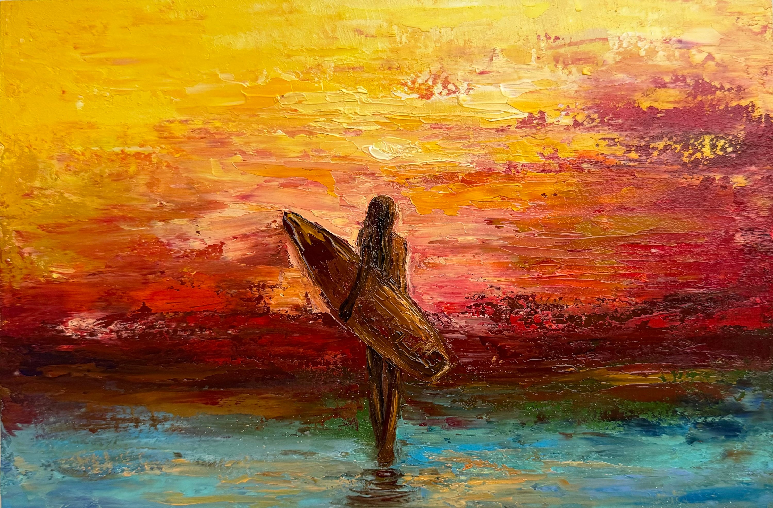 Surfer Girl Painting: Impasto Beach Sunset Art (8x12) - Etsy