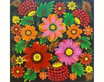 Ukrainian Flowers Painting, Original Petrykivka Floral Wall Art, 8x8