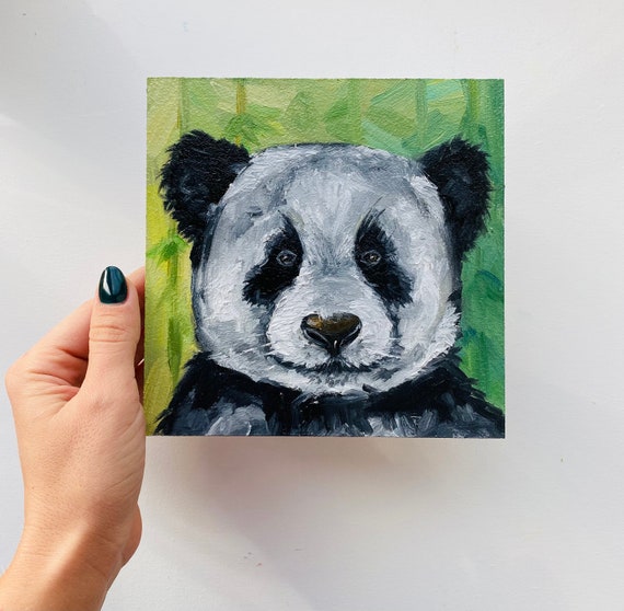パンダの油絵：インパストクマの肖像、オリジナル動物アート（6x6