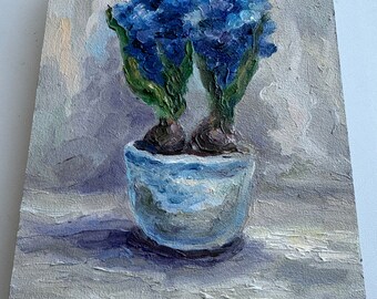 momorin水彩画 窓際のヒヤシンス　値段は※900円です ブルーヒヤシンスのインパスト画：花の静物画、7x5インチのオリジナル