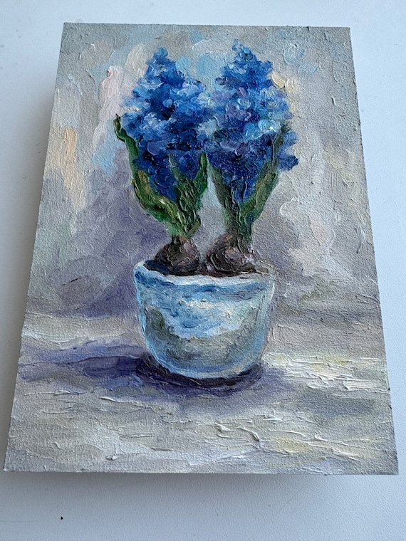 ブルーヒヤシンスのインパスト画：花の静物画、7x5インチのオリジナル
