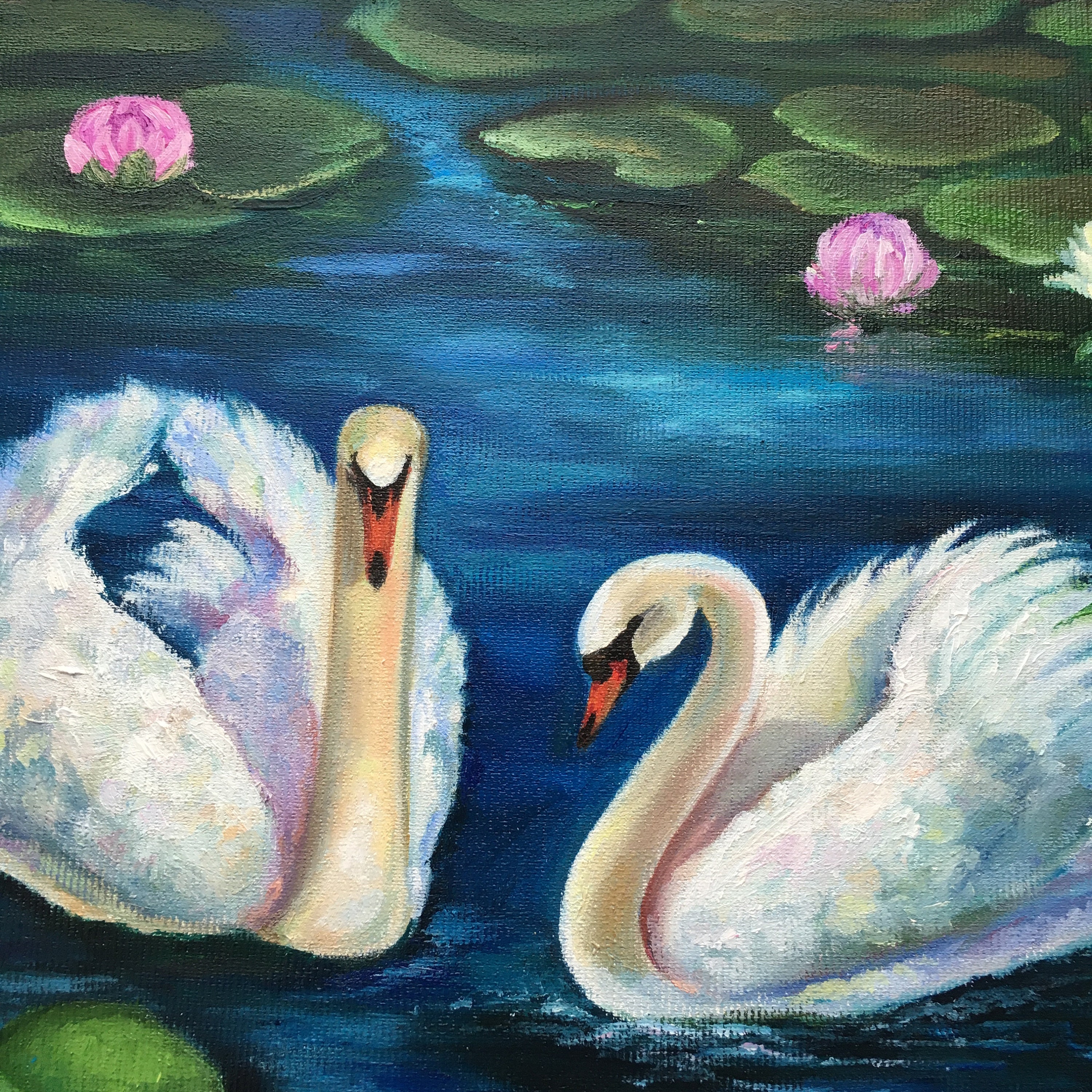 白鳥の絵画 モネ 池 オリジナルアート 睡蓮 ウォールアート 白鳥