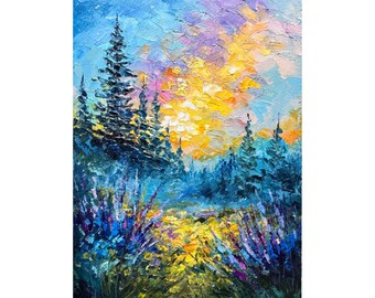 Smoky Mountains Oil Painting: Sunset Landscape Art, Pine Tree Scene 8x6