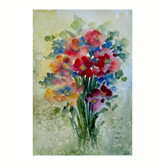 水彩画　花 オリジナルの野花の水彩画：草原の花のアート（8x6インチ） - Etsy 日本