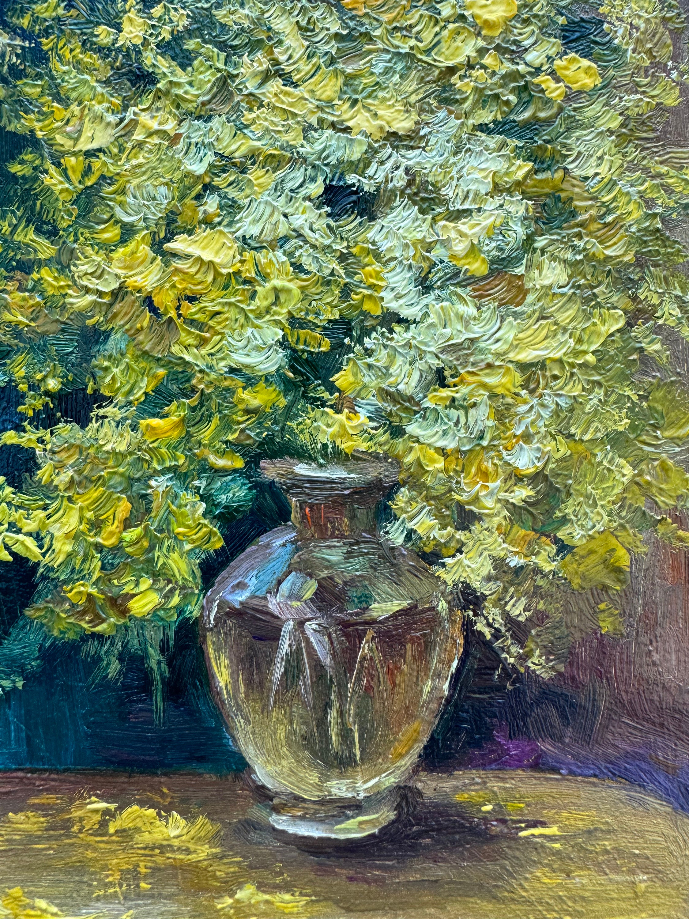 ミモザのインパスト画：花の静物画、黄色い花のアートワーク（7x5