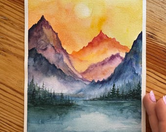 オリジナル水彩画 山川 松の木 風景画 6x8インチ - Etsy 日本